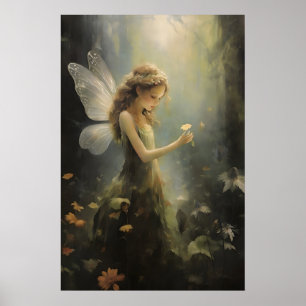 森の花の妖精、サージグリーンのカントリーロアプリント ポスター