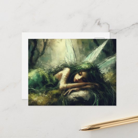 森の苔むした畑で眠っている美しい妖精 ポストカード (正面/裏面インサイチュ)