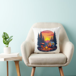 森の荒野の夕日にキャンプ クッション