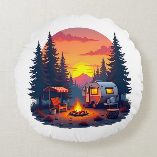 森の荒野の夕日にキャンプ ラウンドクッション (正面)