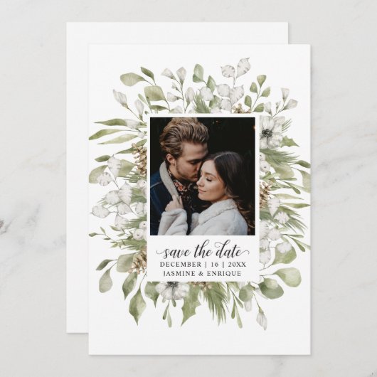 森の葉の冬の結婚式 |写真 セーブザデート (正面/裏面)