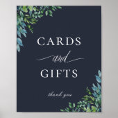 森の葉ネイビーブルーカードとギフトサイン ポスター (正面)