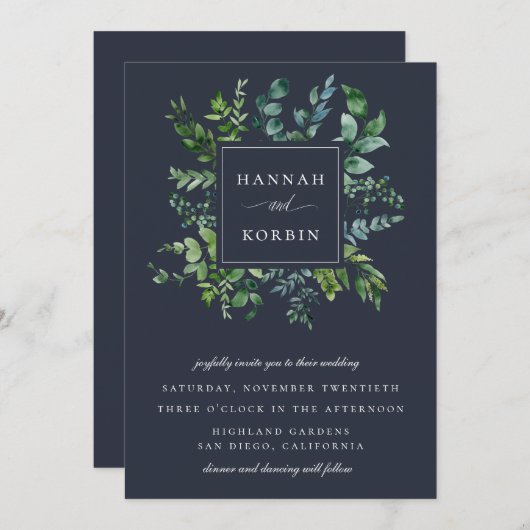 森の葉フレームネイビーブルー結婚ズ 招待状 (正面/裏面)