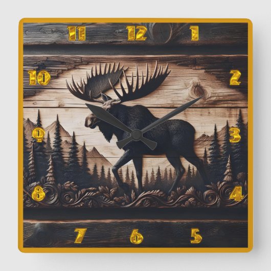 森の設定で彫られたムースデザイン スクエア壁時計 (正面)