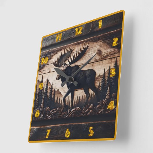 森の設定で彫られたムースデザイン スクエア壁時計 (傾斜)