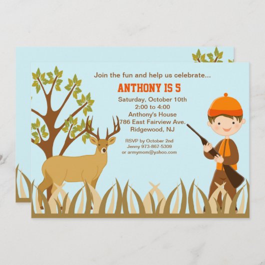 森の誕生日の招待状の男の子の狩り 招待状 (正面/裏面)