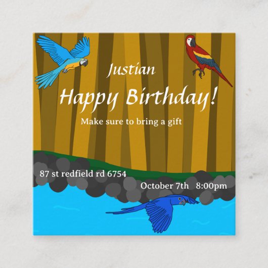森の誕生日パーティーでエキゾチックなパロッツ エンクロージャーカード (正面)