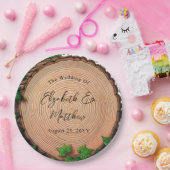 森の調和：木のスライスと緑のウェディング ペーパープレート (パーティー)