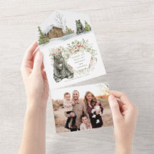 森の赤い小屋とクマのいるクリスマスカード｜写真付クリスマス