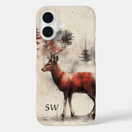 森の赤い鹿モノグラムの iPhone 16ケース
