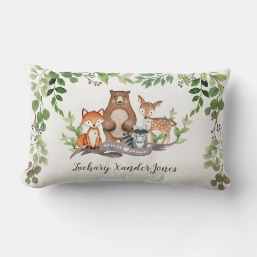 森の赤ちゃん動物 グリーン ネイチャー ナーセリー 装飾 ランバークッション (正面)
