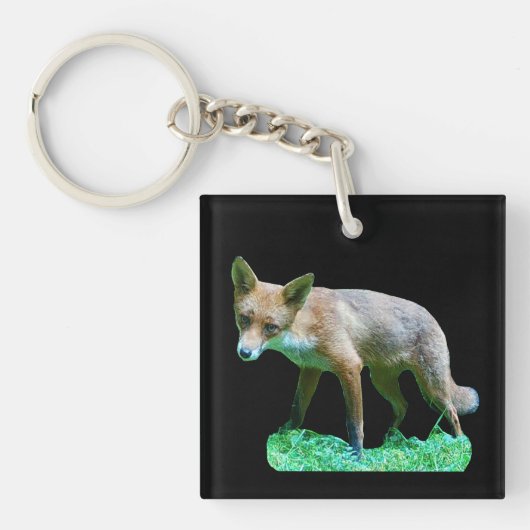 森の野生動物の苔むした草の上の子ギツネ キーホルダー (正面)