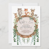 森の野生動物 グリーン ワイルド ワン 誕生日 招待状 (正面)