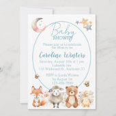 森の野生動物(青)ベビーシャワー 招待状 (正面)