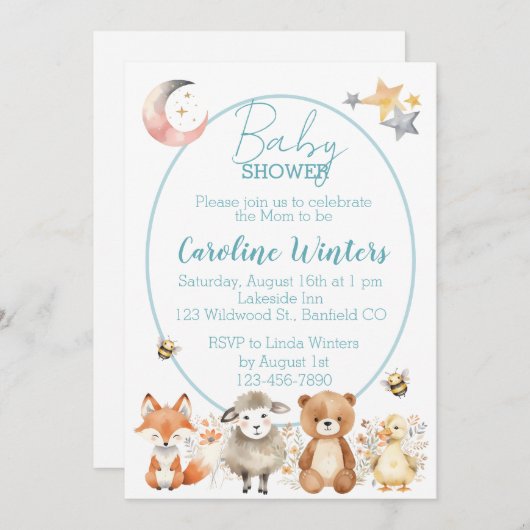 森の野生動物(青)ベビーシャワー 招待状 (正面/裏面)