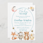 森の野生生物 (ブルー) ベビーシャワー 招待状 (正面/裏面)