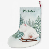 森の雪の中、そりに咲くかわいいシロクマ スモールクリスマスストッキング (裏面)