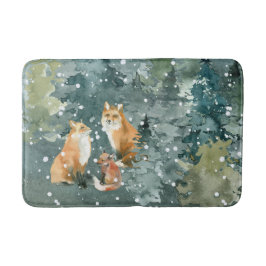 森の雪景色とキツネの家族 バスマット
