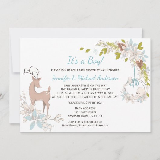 森の青い男の子は鹿の赤ちゃんシャワー郵便で 招待状 (正面)