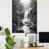 森の静かな滝 – 木炭アート ポスター (ホームオフィス)