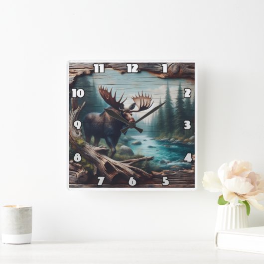 森の風景アートで川のそばのムース スクエア壁時計 (ホーム)