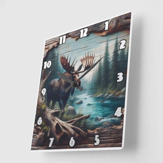 森の風景アートで川のそばのムース スクエア壁時計 (傾斜)