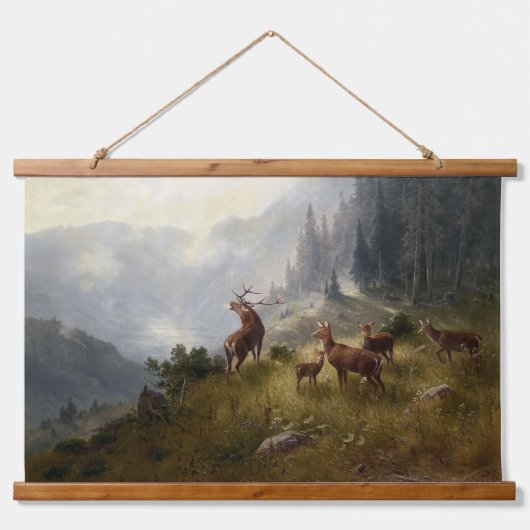 森の風景アートで鹿狩り&ドー 吊り下げ型タペストリー (正面)