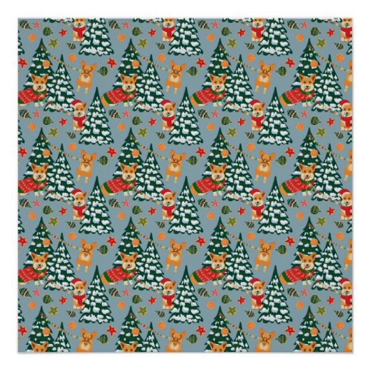 森の飾クリスマスツリーのコーギー ポスター (正面)