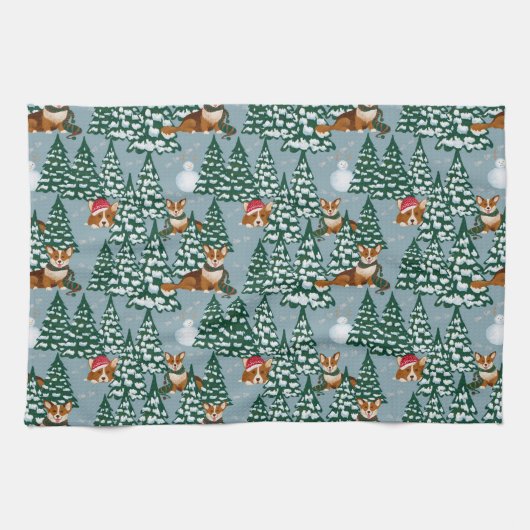 森の飾青のクリスマスツリーのコーギー キッチンタオル (横)