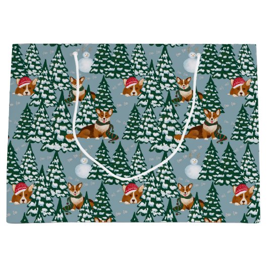 森の飾青のクリスマスツリーのコーギー ラージペーパーバッグ (正面)