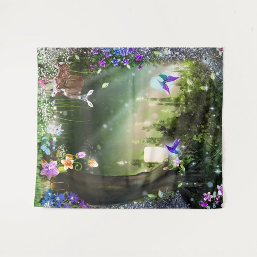 森の魔法の花の森の鹿とウサギのタペストリー タペストリー (正面(横))