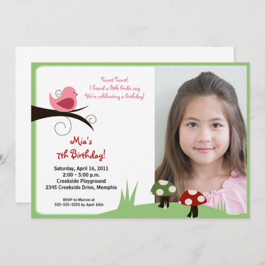 森の鳥のフォトバースデー招待状 招待状 (正面/裏面)