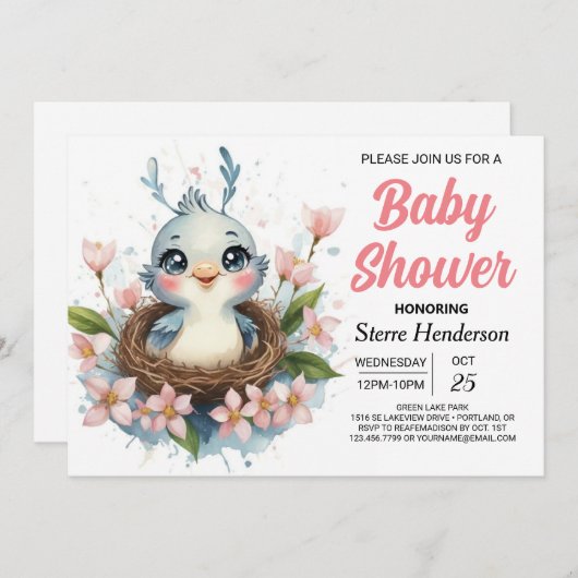 森の鳥モダンの赤ちゃんシャワーに魅了 招待状 (正面/裏面)