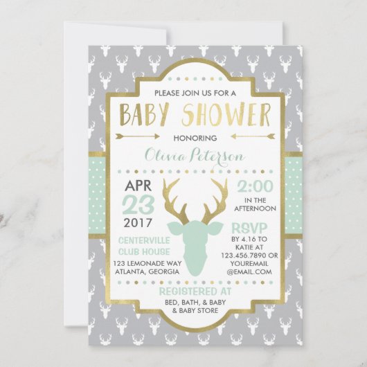 森の鹿のベビーシャワー招待状、擬似ホイル 招待状 (正面)