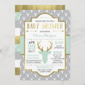 森の鹿のベビーシャワー招待状、擬似ホイル 招待状 (正面/裏面)