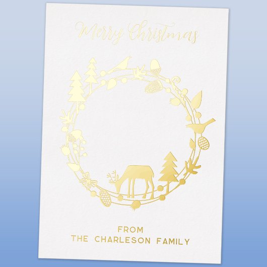 森の鹿のリース ホリデー 本物の箔 ハガキ