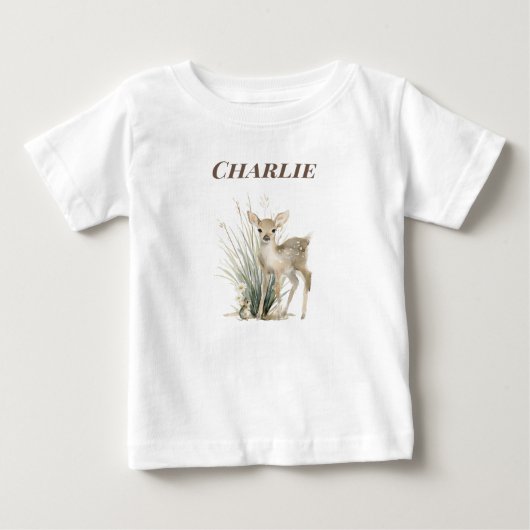森の鹿の赤ちゃんの名前入り ベビーTシャツ (正面)