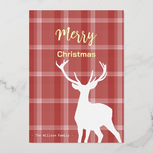 森の鹿オンレッドタータンチェック模様 箔シーズンカード (正面)