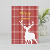 森の鹿オンレッドタータンチェック模様 箔シーズンカード (立ち正面)