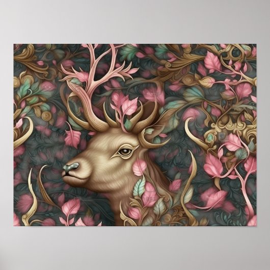 森の鹿ピンクの隠された動物 |ディアウォールプリント ポスター (正面)