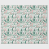 森の鹿ミントグリーンとピンクのクリスマス ラッピングペーパー (フラット)