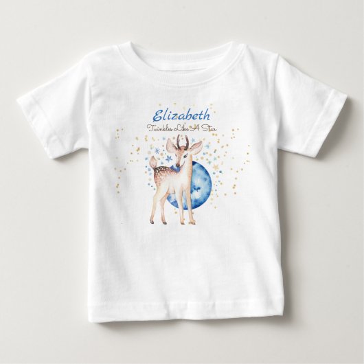 森の鹿 キラキラ星 赤ちゃんネーム ギフト 花 ベビーTシャツ (正面)