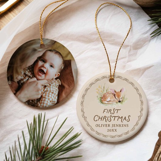 森の鹿 赤ちゃんの初めてのクリスマス 写真 セラミックオーナメント