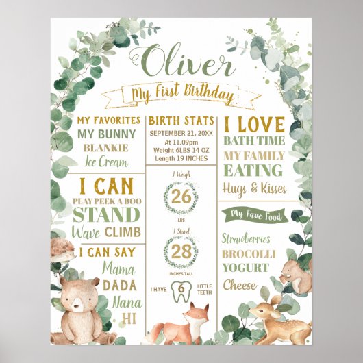 森の1歳誕生日マイルストーン出生統計 ポスター (正面)