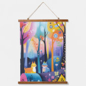 森よくはしゃぐ動物イラストレーション 吊り下げ型タペストリー (正面)