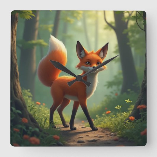 森をさまよう神秘的な狐 スクエア壁時計 (正面)