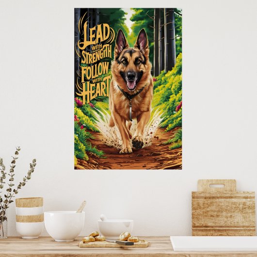 森を抜け走たドイツの羊飼い ポスター (キッチン)