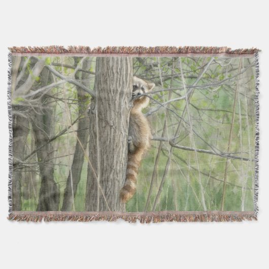 森を覗くアライグマの水彩画 – 森の奥 スローブランケット (正面)