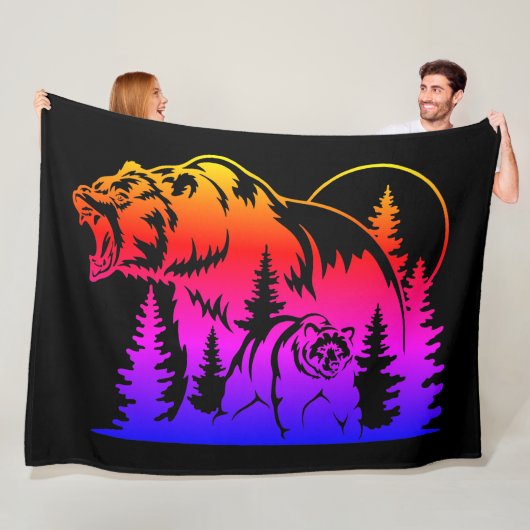 森カラフルと日没の熊のシルエット フリースブランケット (インサイチュ)