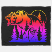 森カラフルと日没の熊のシルエット フリースブランケット (正面(横))